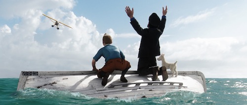 The Adventures of Tintin: The Secret of the Unicorn főszereplői egy csónakon ragadva